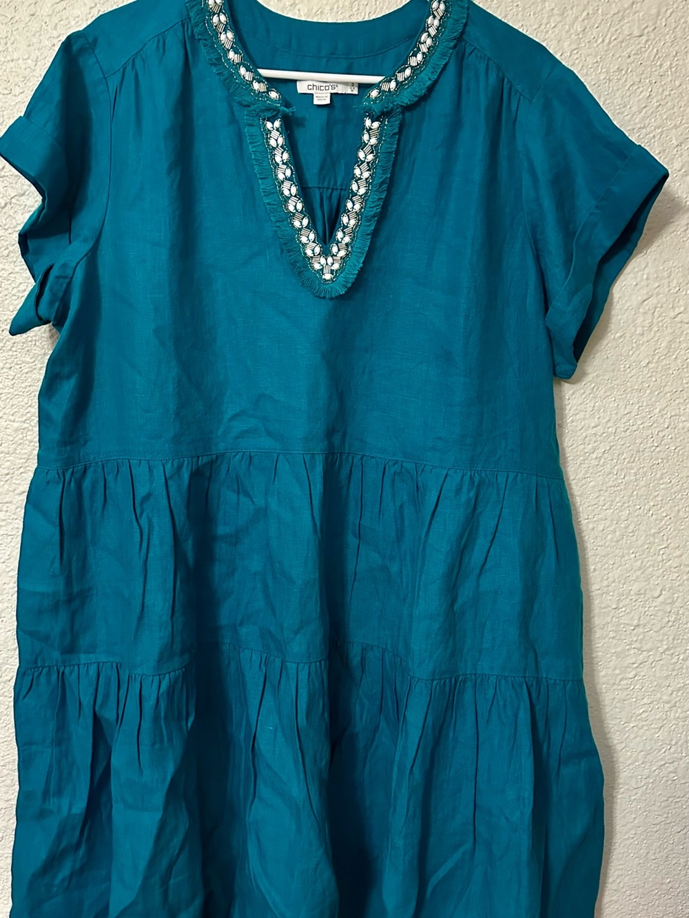Chico's Teal Beaded V-Neck Tiered Dress